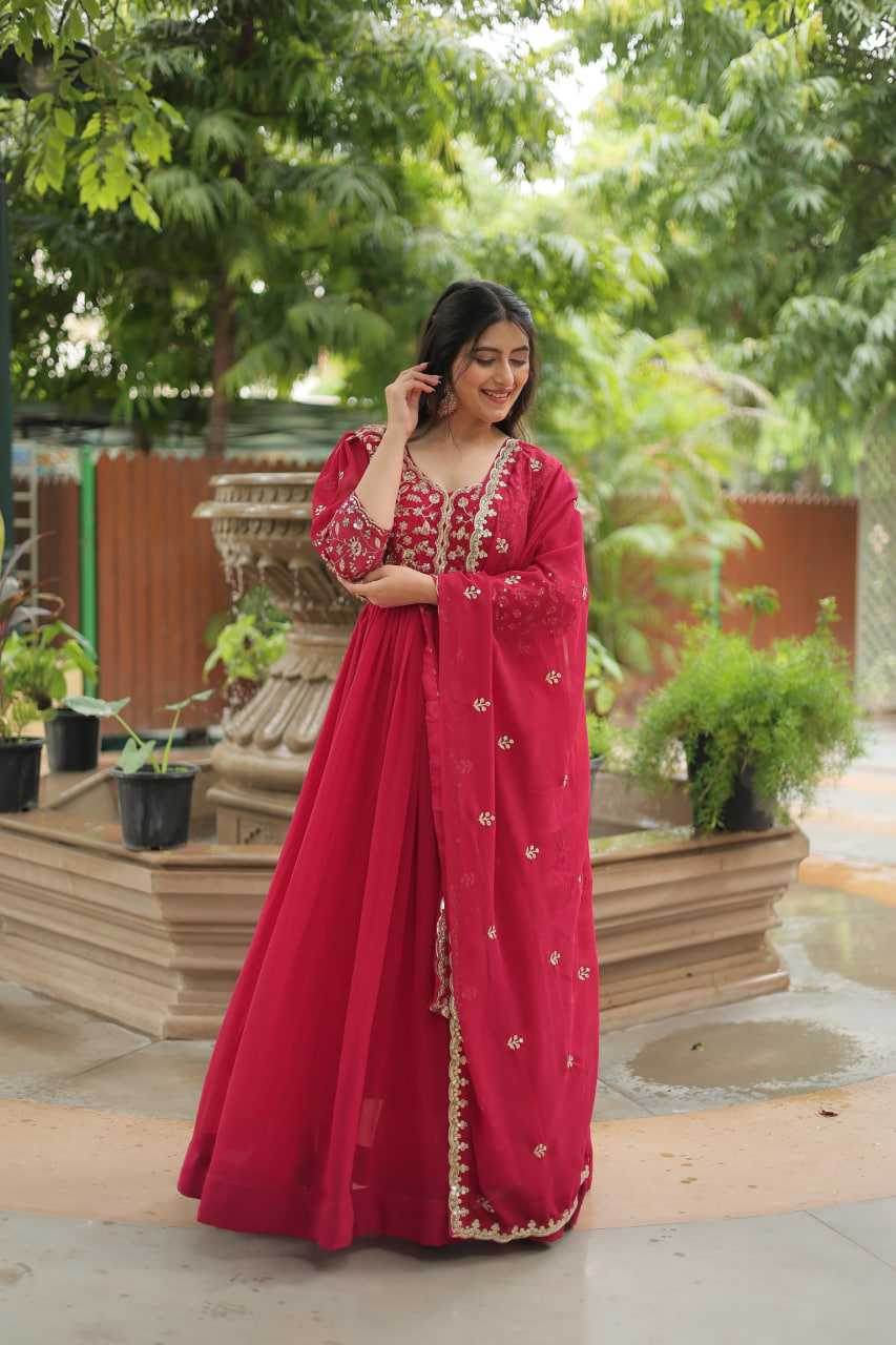 Faux Blooming Embroidery Anarkali Long Gown WITH-DUPATTA - MYLUXURY LANE ENTERPRISE